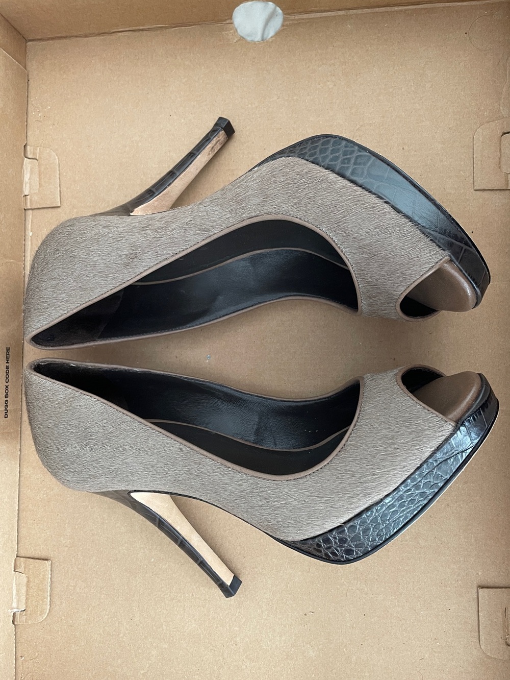 Cole Haan Nike Air calf hair peep-toe pumps in a taupe color